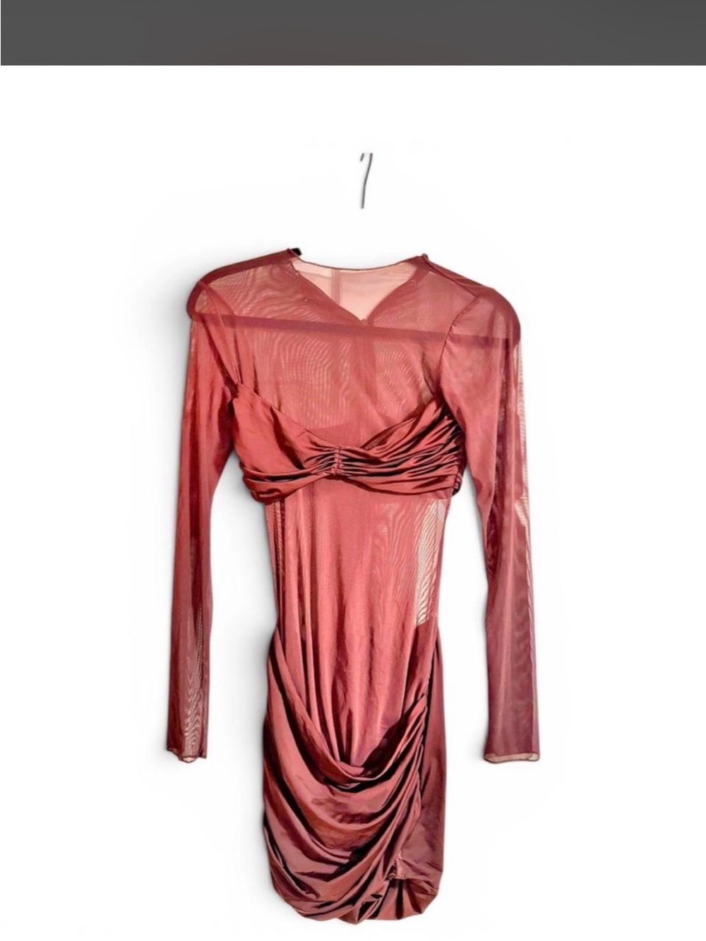 Oh Polly Long-Sleeve Ruched Mesh Bodycon Dress in Dusty Rose